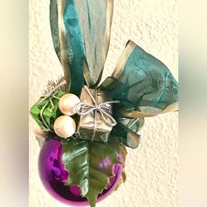 Hand Crafted Christmas Ornament Embellished with Gifts, Beads, Leaves & Ribbons